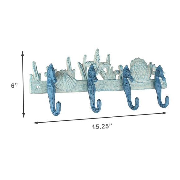 Blue/White Cast Iron Seahorses Decorative Wall Hook Hanging Towel or Coat Rack - Picture 6 of 6